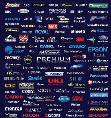 Brands we carry including Epson, Canon, Kyocera, Ricoh, Brother, Samsung, HP, and many more